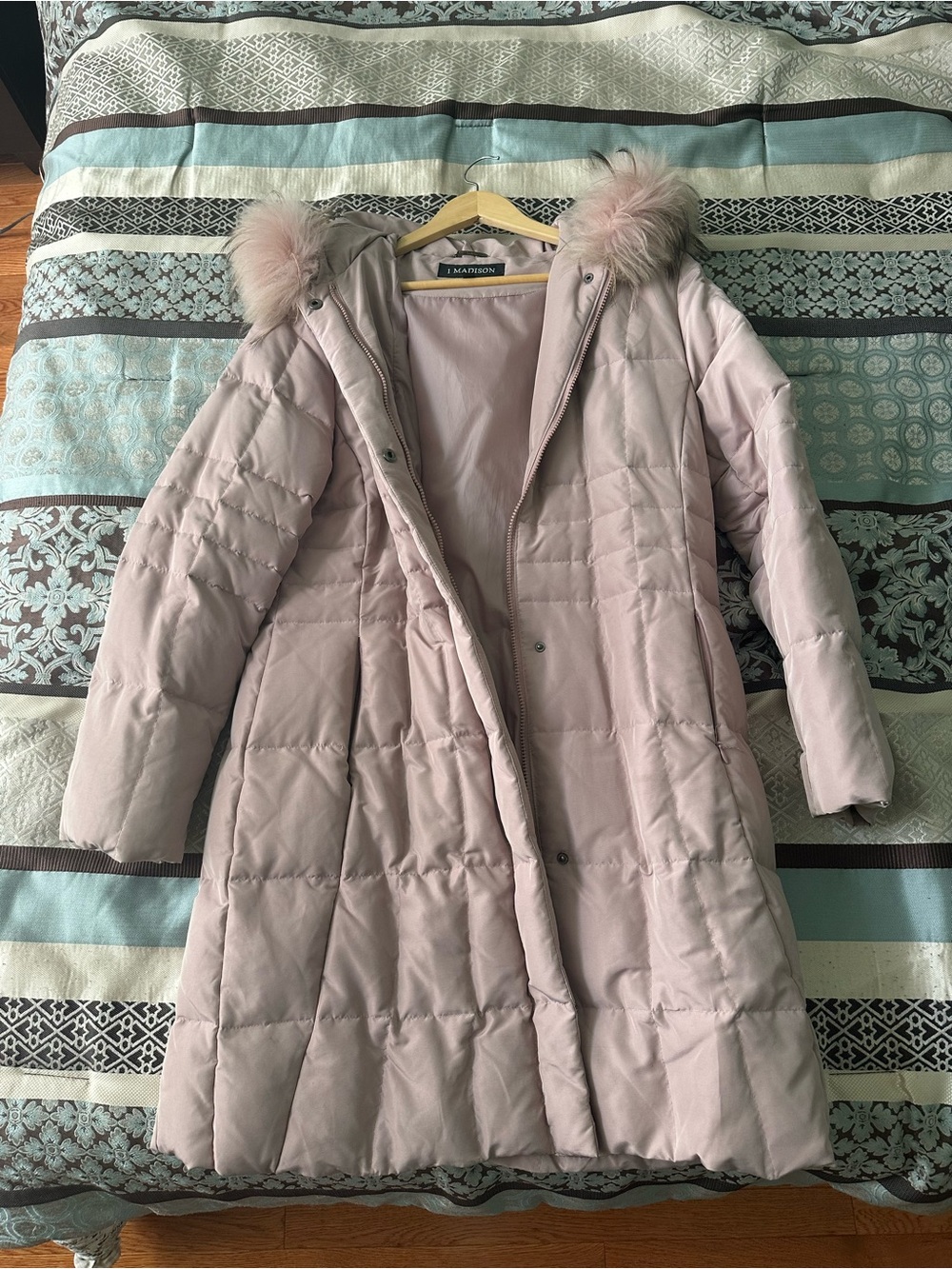 1 Madison Pale Blush Long Puffer Coat with Faux Fur Trim